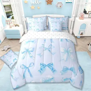 Blue Bow 7 Pieces Bedding Set Girls Bow Bed in a Bag with Comforter,Sheets,Pillowcases Teens Kids Bowknot Bed Set