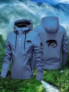 Men's Full-Zip Hooded Windbreaker Jacket, Leopard Print Back Design, Light Breathable Outdoor Coat, Hiking, Camping, Street Style
