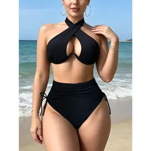 2026 Black High Waisted Bikini, Cross Halter Neck Underwire Top with Ruched & Side Tie Bottom, Bathing Suit for Women, Perfect for Beach, Pool & Resort Wear