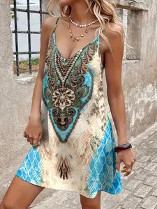 Women's Bohemian Backless Dress, Printed Sleeveless Spaghetti Strap Design, Loose Fit Casual Natural Style, Perfect for Summer Fashion