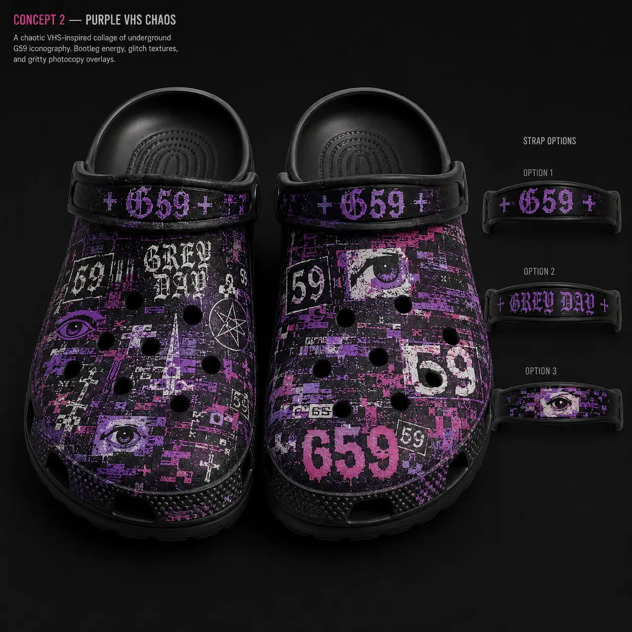 Purple Gothic Graphic Clogs, Black EVA Slip On Footwear with Vented Upper and Pivoting Heel Straps