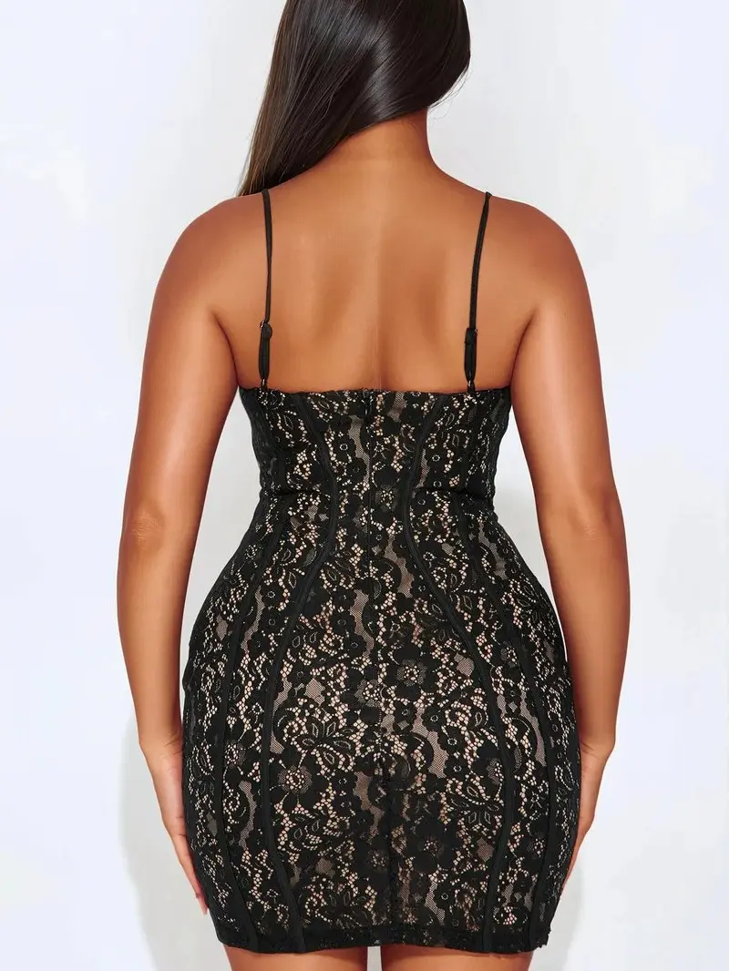 korean backless dress Lace Trim Square Neck Backless A-Line Dress – Parthea Fashion