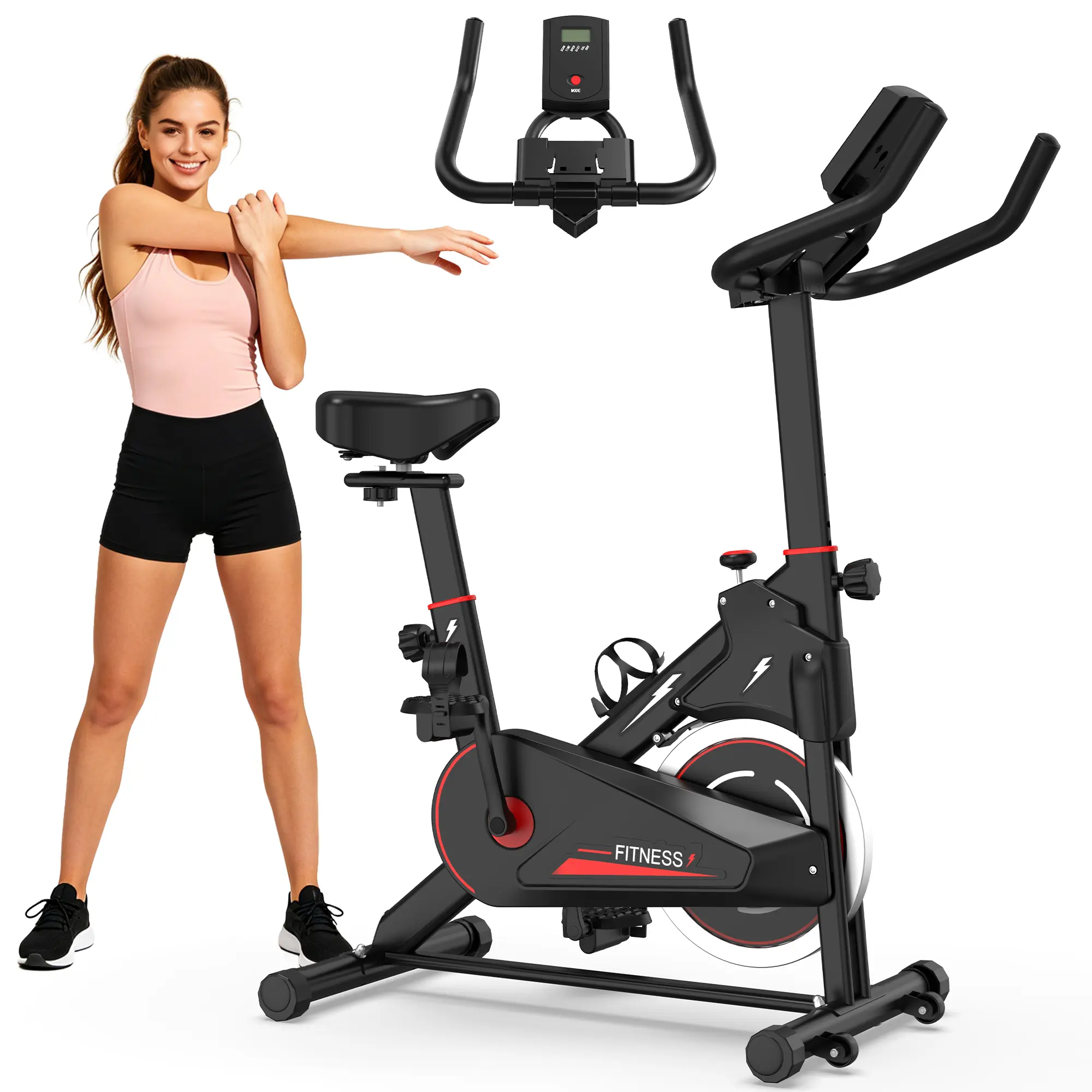 SAYGOGO Indoor Stationary Exercise Bike with LCD Monitor, Adjustable Resistance, Whisper-Quiet Belt Drive, Comfortable Seat & Portable Home Fitness Cycling Bike
