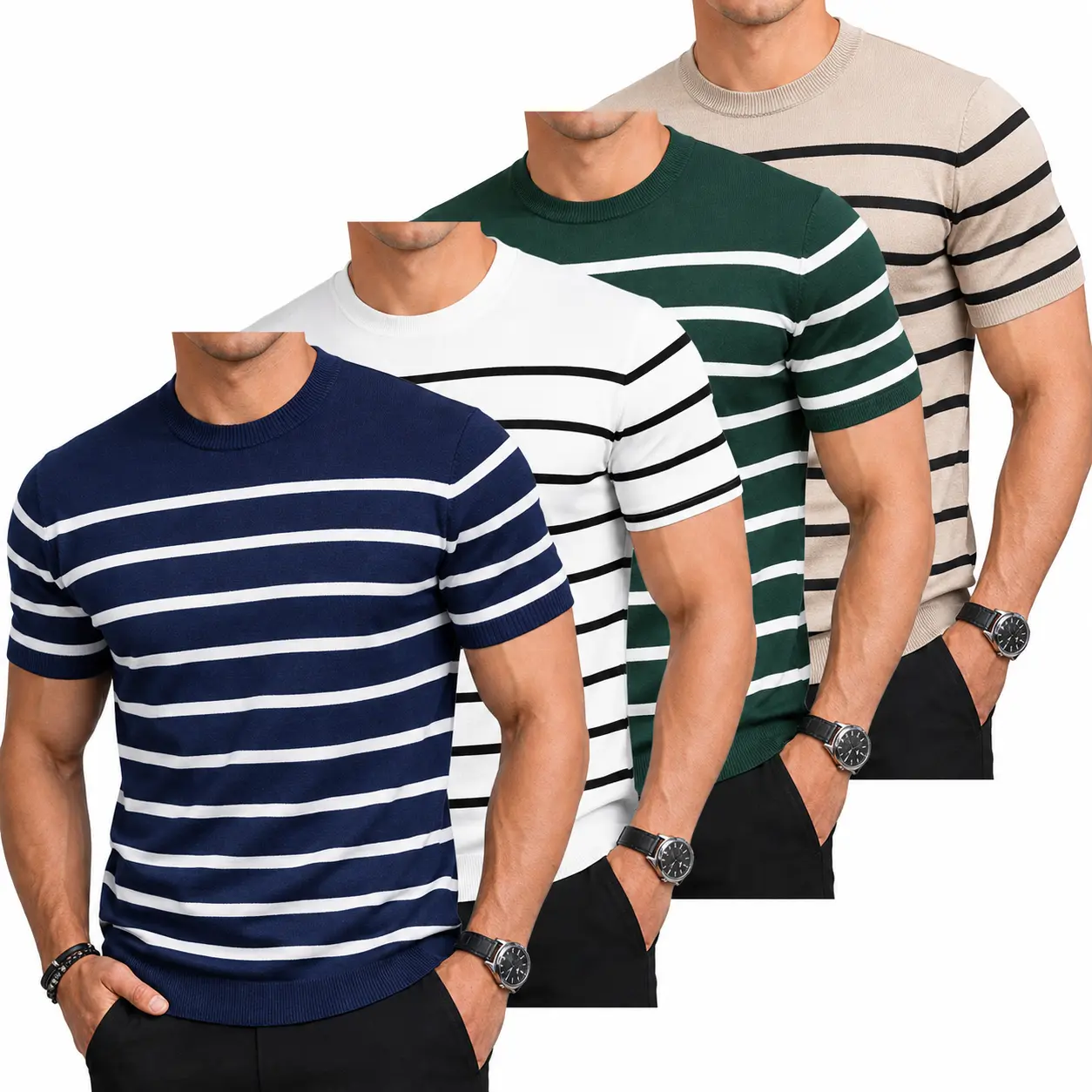 2026 Men's & Women's Round Neck Short-Sleeve Casual Polyester Blend Knitted Top - Striped Contrasting Hooded, Foldable, Fitted Cut Athletic T-Shirt (#SummerVibes), Elegant