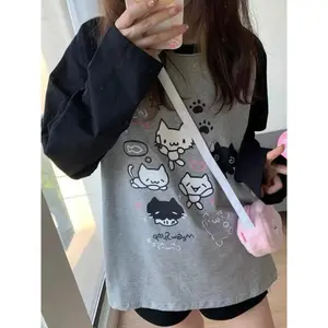Y2k Streetwear Patchwork Hoodies Women Japanese Style Cuteore Harajuku Kawaii Cartoon Print Loose Sweatshirt Soft Gilr