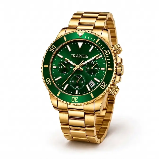 JRANDE Men's Casual Bold Chronograph Watch, 43mm Large Dial Green Face, Gold-Tone Stainless Steel Bracelet, Quartz Watch with Luminescent Hands, Date Window, 30M Water Resistant, Wardrobe silicone band