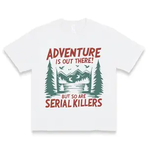 Women's Casual Short Sleeve T-Shirt - "Adventure Is Out There!" Mountain Lakes Graphic Print, Round Neck Summer,Machine Washable Outdoor Enthusiast Apparel, Everyday Comfort, Relaxed Fit