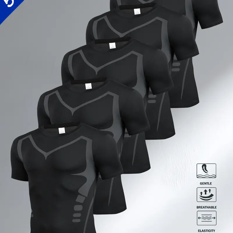 Men's Sport Compression Shirt, Short Sleeve Casual Round Neck T-Shirt, Outdoor Fitness Clothing, Polyester Knit Fabric, Cool & Breathable, Athletic Compression Shirts, Compression Sports Tee, Breathable Top, Fitness Training Clothes, Fitness Apparel