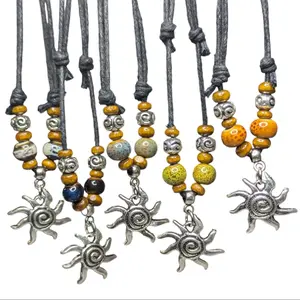 Spiral Swirl Sun Silver Charm Beaded Ceramic Boho Hippie Whimsical Adjustable Black Rope Cord Choker Stacking Necklace jewelry