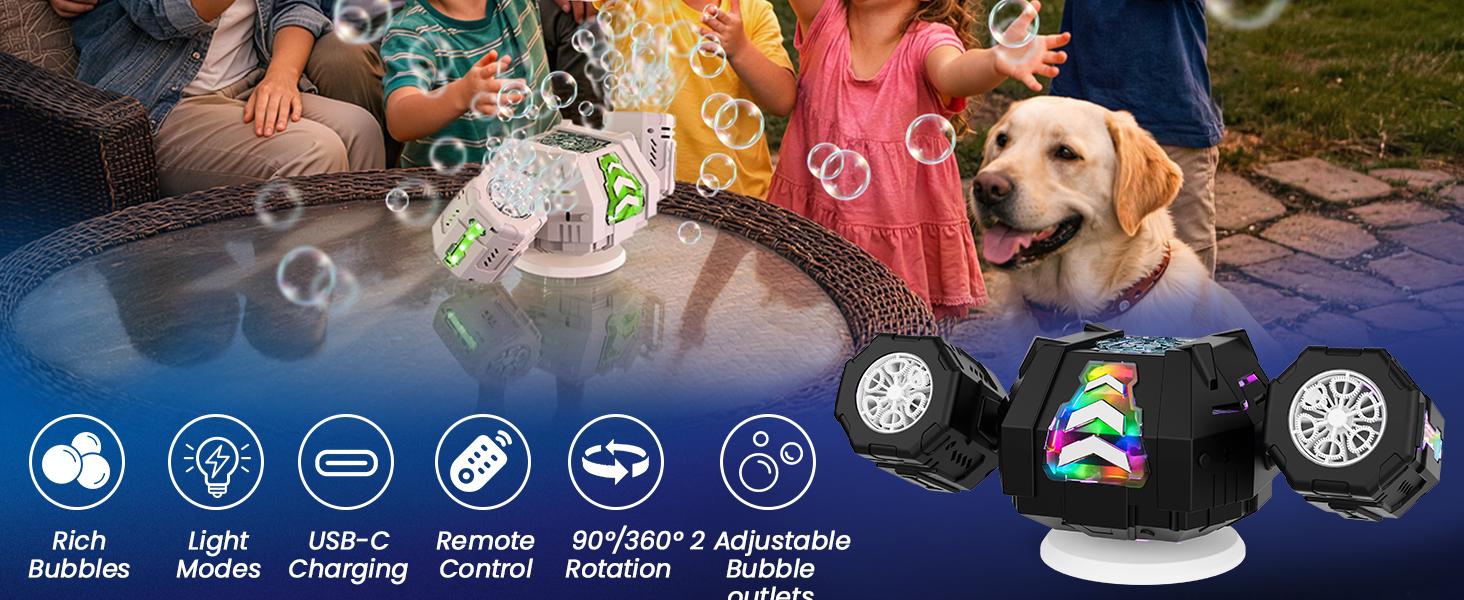 Cossy Rechargeable Bubble Machine, 360° Automatic Rotation Bubble Machine for Kids, Bubble Maker with Remote Control, RGB Lights & 20000+ Bubbles Per Minute, Outdoor Toys Games for Kids/Adults