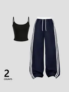 Women's Casual Fashion Set, Strapless Vest with Wide Leg Pants, Comfortable Home Wear for Vacation, Travel, Airport, All Seasons