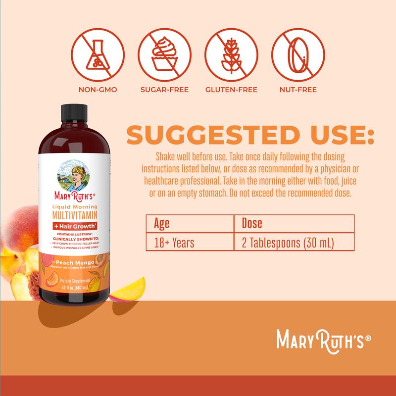 MaryRuth's Liquid Multivitamin + Hair Growth - Clinically Tested Lustriva for Thicker Hair in Women - Improve Facial Wrinkles - Vegan - 30 Fl Oz