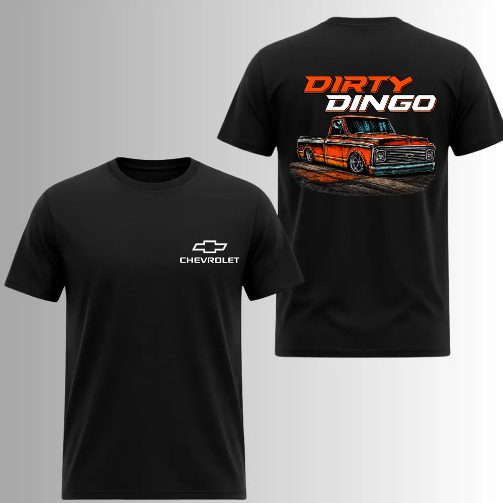 Dirty Dingo Lowered C10 Truck T-Shirt, 2 Sides, Chevrolet Logo Bagged Patina Truck Graphic Tee
