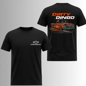 Dirty Dingo Lowered C10 Truck T-Shirt, 2 Sides, Chevrolet Logo Bagged Patina Truck Graphic Tee