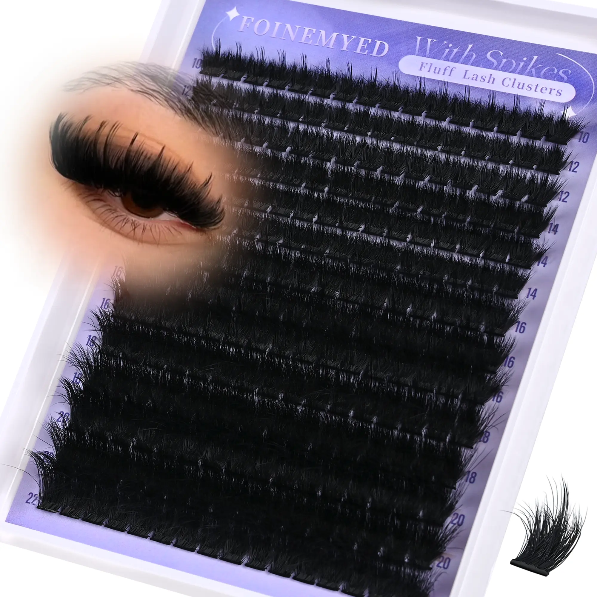 FOINEMYED Spiked Lash Clusters, 300D Manga Volume Evil Look, 10-22MM Thick D-Curly Individual Eyelash Extensions for DIY At-Home Use, Spiked Lashes False Eyelashes & Adhesives