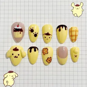P0-Pompompurin-run Pudding Press On Nails | Handmade 3D Kawaii Dessert Nails | Cute Puppy Character Nail Art | Yellow Luxury Almond Press-On Nails with Gift Set (Adhesive Tabs, Nail File, Cuticle Stick)