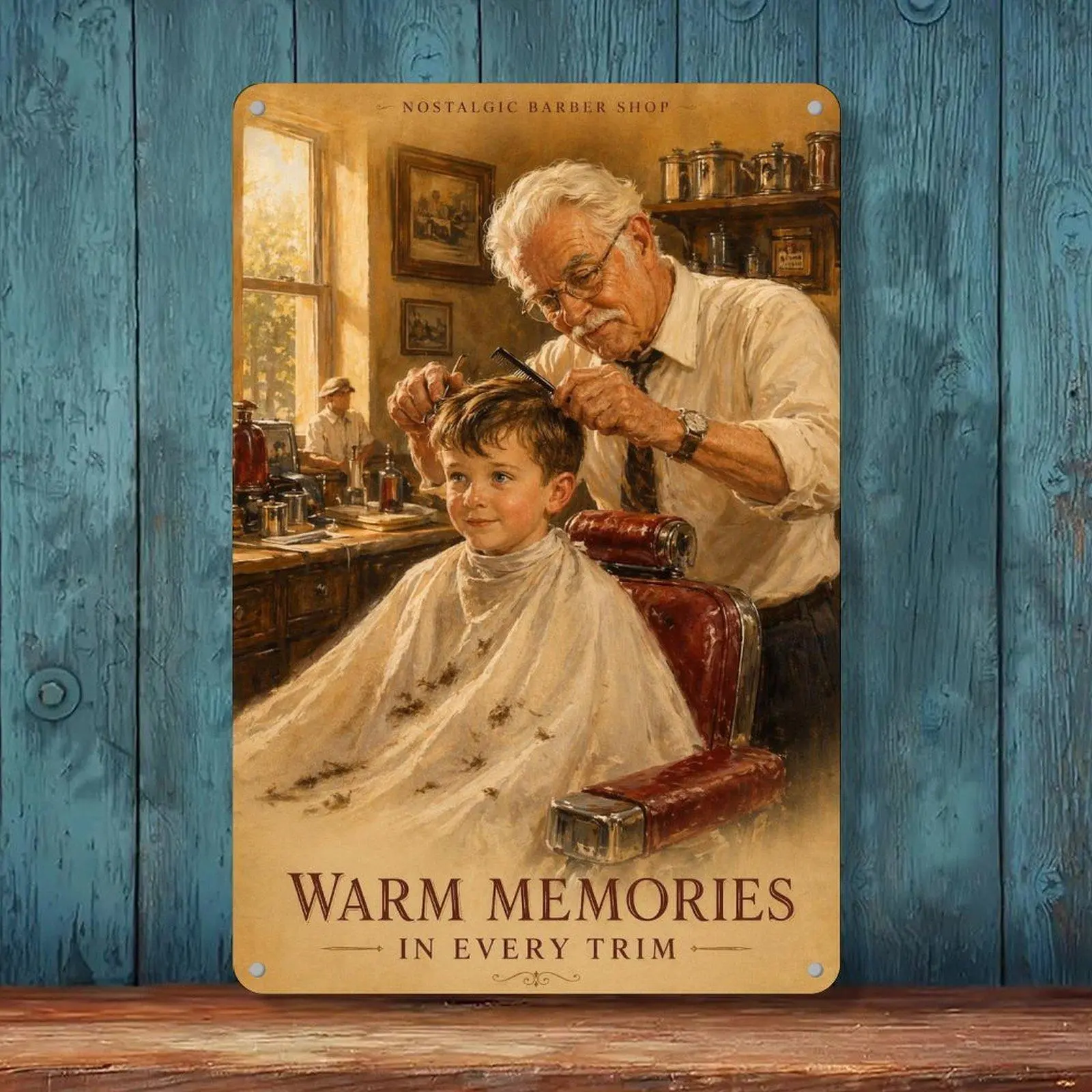 Vintage Retro Imagery 8x12in Iron Barber Shop Oil Painting Tin Sign, Haircut Salon Decor, Home Decor Wall Hanging