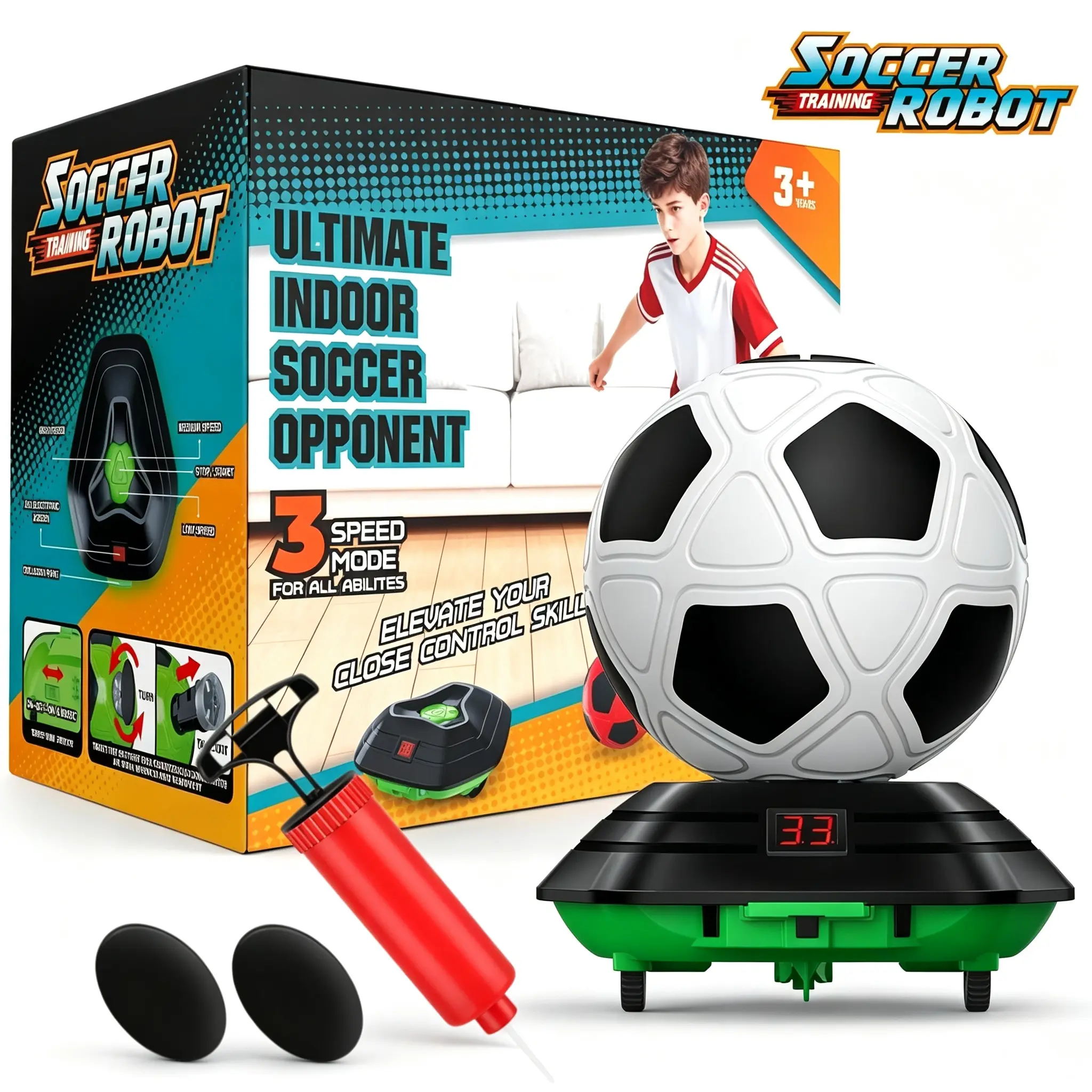 Soccer Training Robot Set, 3 Speed Mode Interactive Indoor Soccer Bot with LCD Display, Rechargeable Football Dribbling Game Toy for Kids, Perfect Indoor Sports Game Gift for Boys Girls Ages 6+