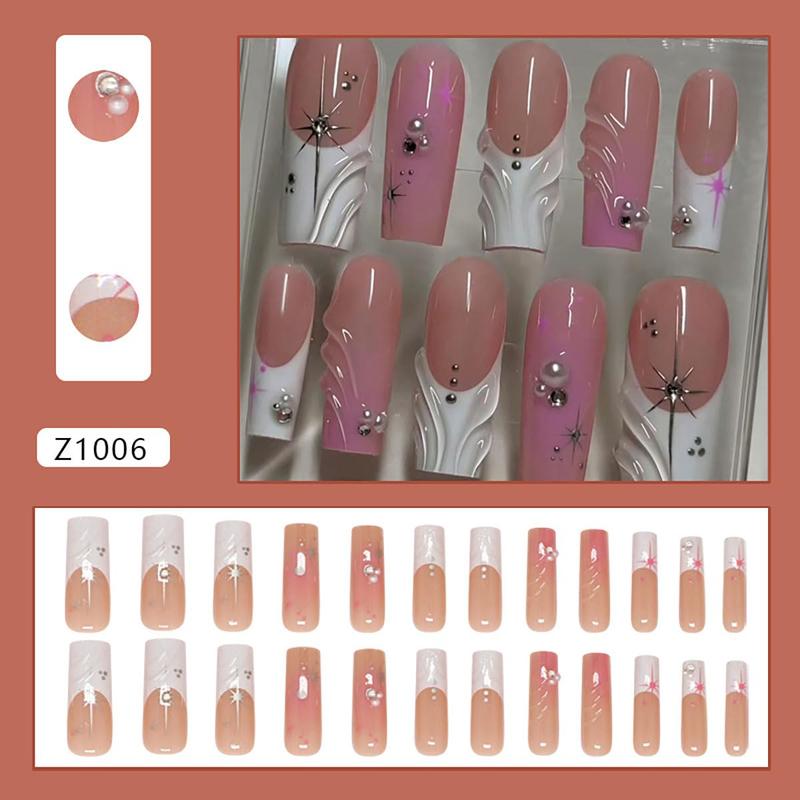 Long Square Press on Nails with 3D Stars Rhinestones Design Glitter Fake Nails Acrylic Nail Tips Full Cover Artificial on Nails Glossy Stick on Nails Nude Pink False Nails for Women Manicure Set