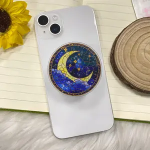 Aesthetic Stained Glass Moon and Stars Acrylic Phone Grip | Celestial Crescent Moon Griptok for iPhone & Android | Cobalt Blue Galaxy Witchy Phone Stand Holder | Mystical Gift for Astronomy Lovers