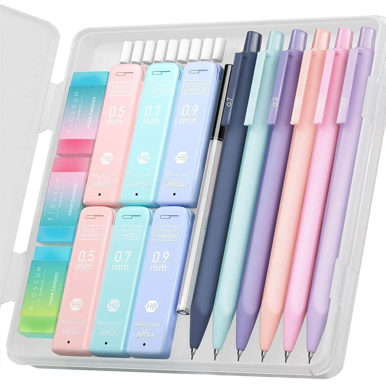 Four Candies Cute Mechanical Pencil Set, 6-Pack 0.5/0.7mm | 360 Lead Refills, 3 Erasers, 9 Eraser Refills, Storage Case, Back to School Supplies for Girls, Aesthetic Stationery