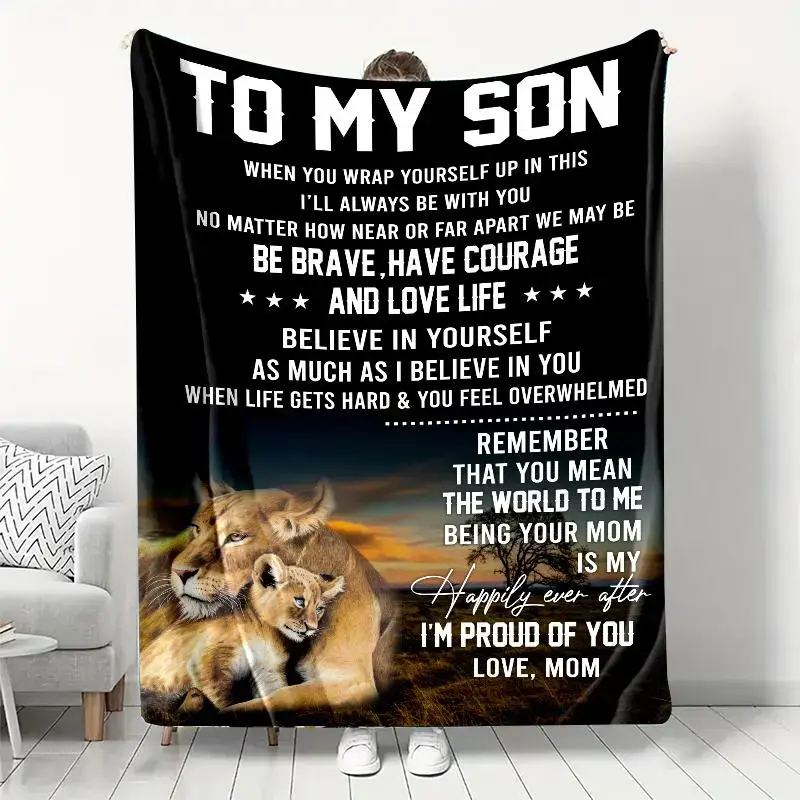 Lion & Letter Print Flannel Throw Blanket - Soft Warming All Season Decorative Text & Animal Artwork Blanket for Home Couch, Gift for Son, All Season Blankets, Flannel Print Blankets