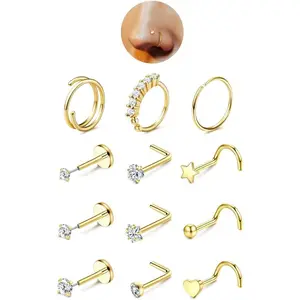 Gold Nose Rings for Women - 14K Gold Filled Hypoallergenic Surgical Steel Nose Ring Hoops CZ Opal Lip Ring Screw L Shaped Studs Threadless Flat Back Stud Nose Piercings Jewelry for Women Men