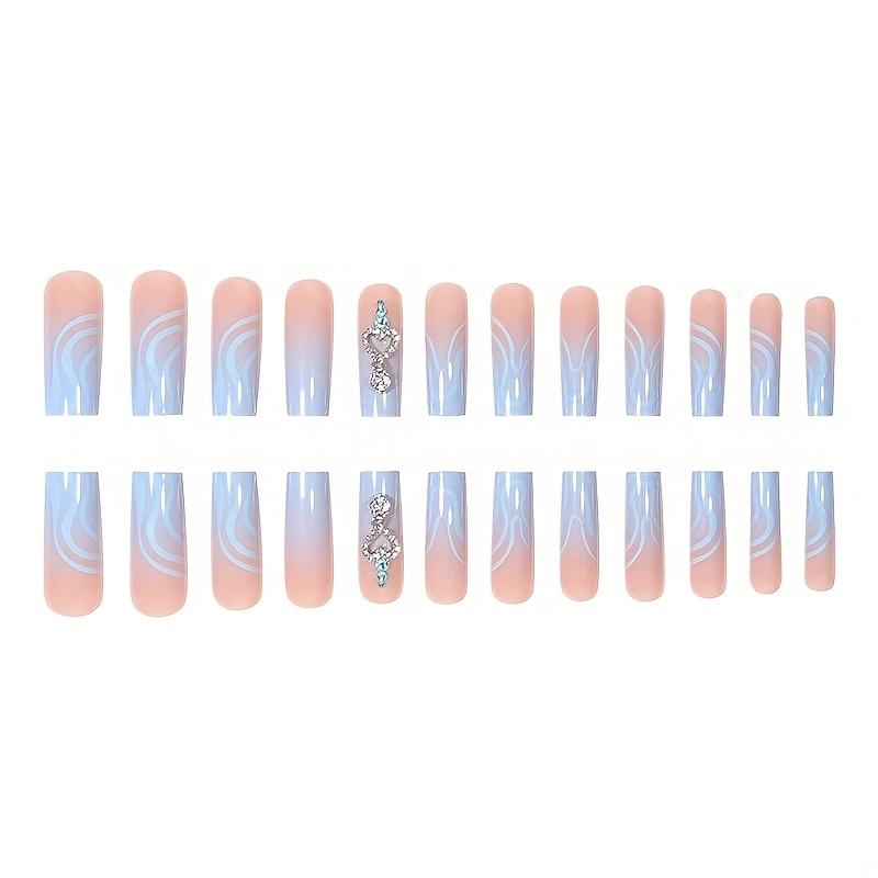 24 Piece Water Pipe Nail Art Set, Blue Gradient Rhinestone Pendant Design, Reusable Fake Nails for Women & Girls Daily Wear