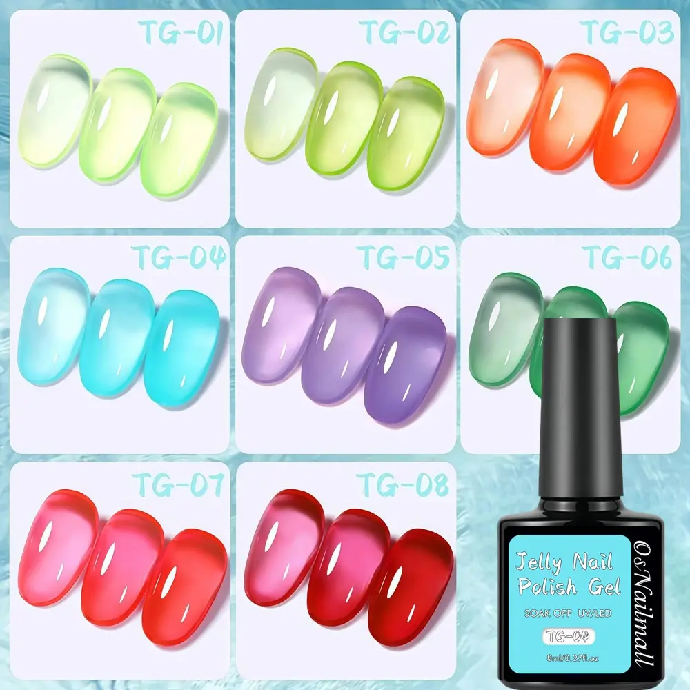 Osnailmall 8 Colors Set Jelly Nail Gel, Gel Nail Polish Kit, Semi-Permanent Soak off UV LED Gel Varnish, Summer Color Polish, Complete Nail Art Polish, Gel Nails, Gel Manicure, Nail Care, Painting Gel Set