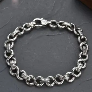 S925 Sterling Silver Vintage Engraved Infinity Link Bracelet, Oxidized Silver-Plated Gothic Jewelry, Unisex Everyday & Gifting Bangle