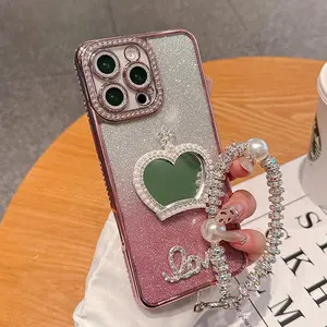 Rhinestone Pearl Bracelet Crown Makeup Mirror Glitter Electroplating Shockproof Phone Case iPhone 16Pro Max 15Pro Max 14Plus 13 12 11 Pro Max Bezel Rhinestone Fashion Case Shockproof Phone Cover