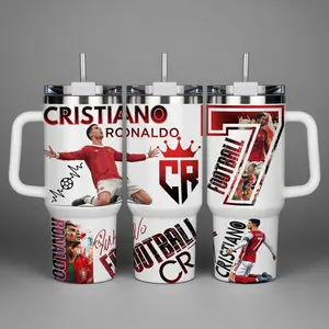 Ronaldo CR7 Portugal Soccer Tumbler 40oz With Handle, Ronaldo Stainless Steel Travel Mug, Football Insulated Cup With Straw, Gift For Ronaldo Fans