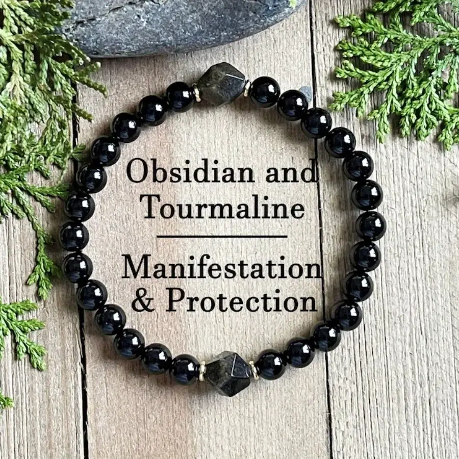 Obsidian Tourmaline Bracelet - Natural Healing Crystal Beads for Manifestation, Protection Positive Energy and Spiritual Balance Halloween Jewelry