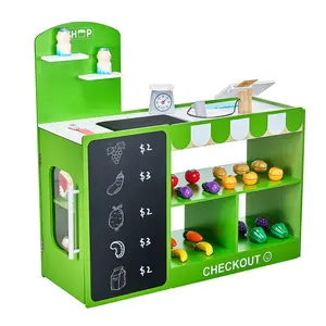 VEVOR Kids Grocery Store Playset, Wooden Play Market Stand with Shopping Bag, Kids Supermarket Pretend Play Store with Conveyor Belt, Scanner, Cash Register, Realistic Scale, Gift for Boys & Girls