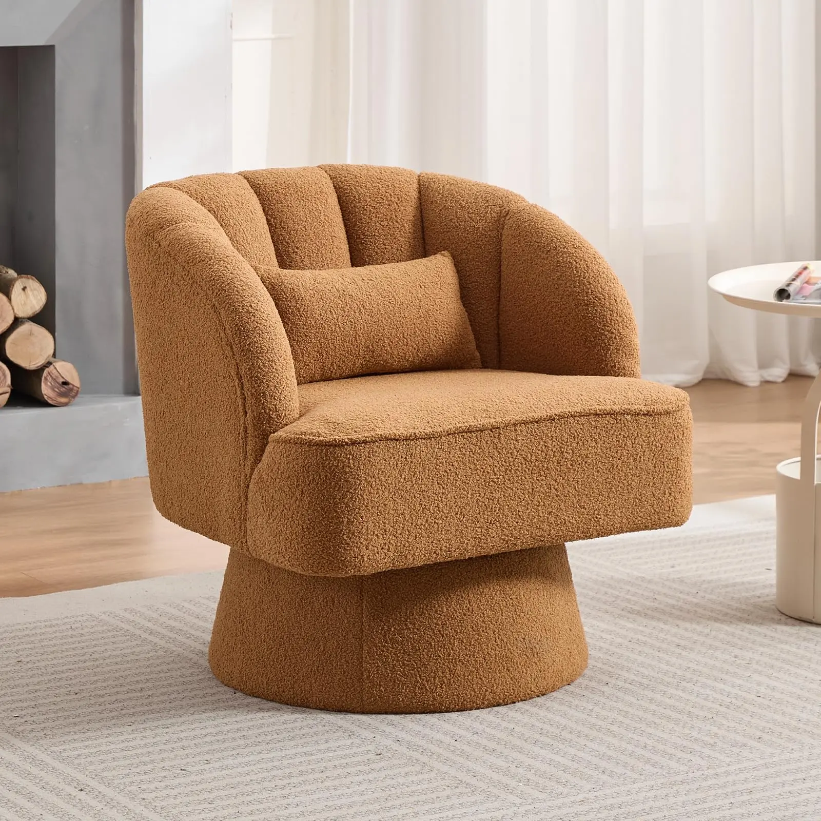 Garvee Modern Barrel Design Swivel Chair with Plush Fabric Upholstery, 360° Rotation, Striped Backrest, and Plush Padding - Comfortable Round Chair for Living Room and Bedroom