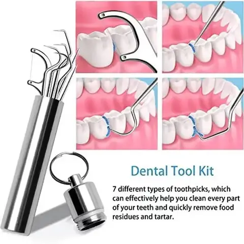 Stainless Steel Multi-Functional Dental Tool Set, Dental Floss Pick, Reusable Teeth Cleaning Tools Kit with Holder, Travel Essentials