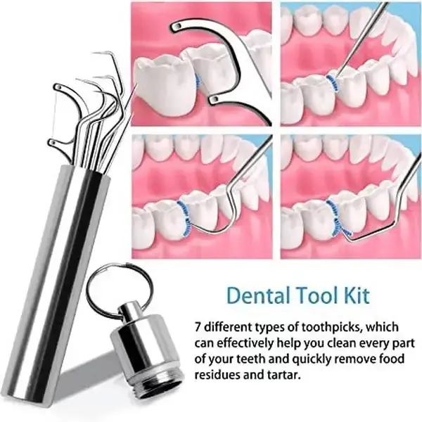 Stainless Steel Multi-Functional Dental Tool Set, Dental Floss Pick, Reusable Teeth Cleaning Tools Kit with Holder, Travel Essentials