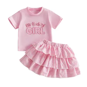 Meihuida Birthday Girl Toddler Outfit Infant Baby Short Sleeve Letter Shirts and Ruffled Gingham Skirts Set 2Pcs Summer Clothes