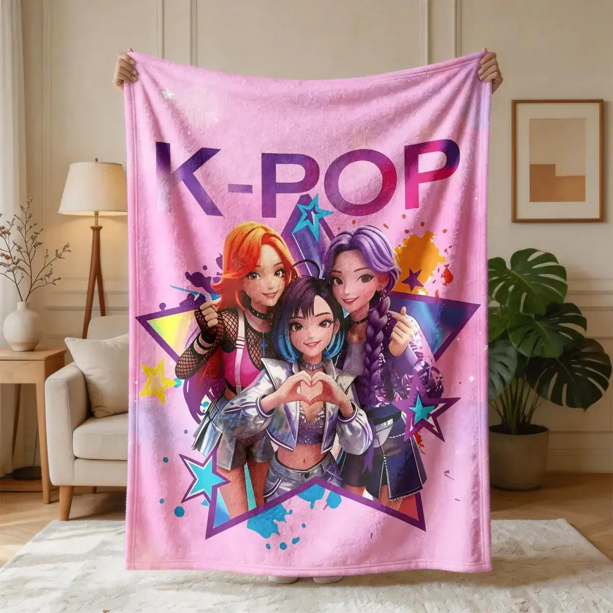 K-Pop Girl Group Illustration Flannel Blanket, Large Size, Soft and Lightweight, Perfect for All Seasons, Ideal for Bed, Sofa, Office, Camping, Travel
