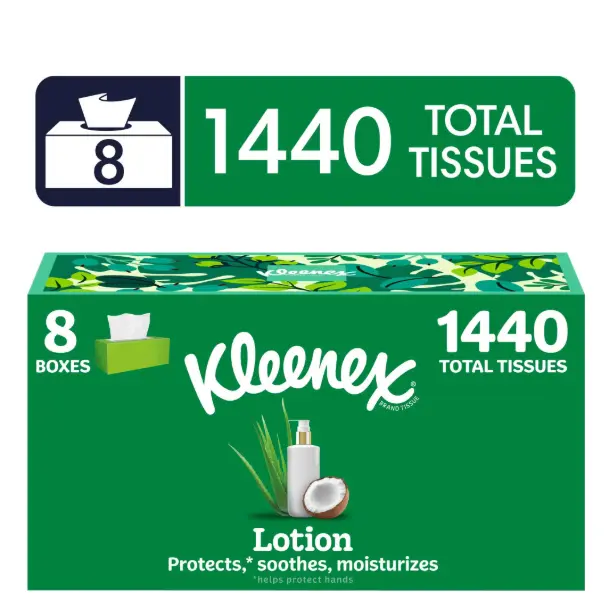 Kleenex Lotion with Coconut Oil 3-Ply Flat Box Facial Tissues, 8 Pack (1440 Total Tissues)