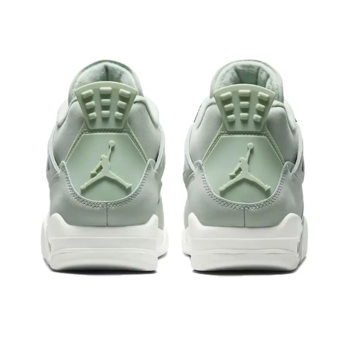 High-top retro basketball suede sneakers built with shock-absorbing air cushion midsoles for all-day lightweight comfy wear, premium soft sage green matte suede upper paired with breathable perforated mesh panels and clean off-white rubber outsole