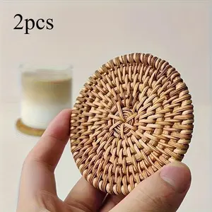 Round Rattan Braided Coaster, 2/4 Counts/set Elegant Tableware Accessory, Decorative Coaster for Home Kitchen Dining Room, Household Placemat, Kitchen Coasters