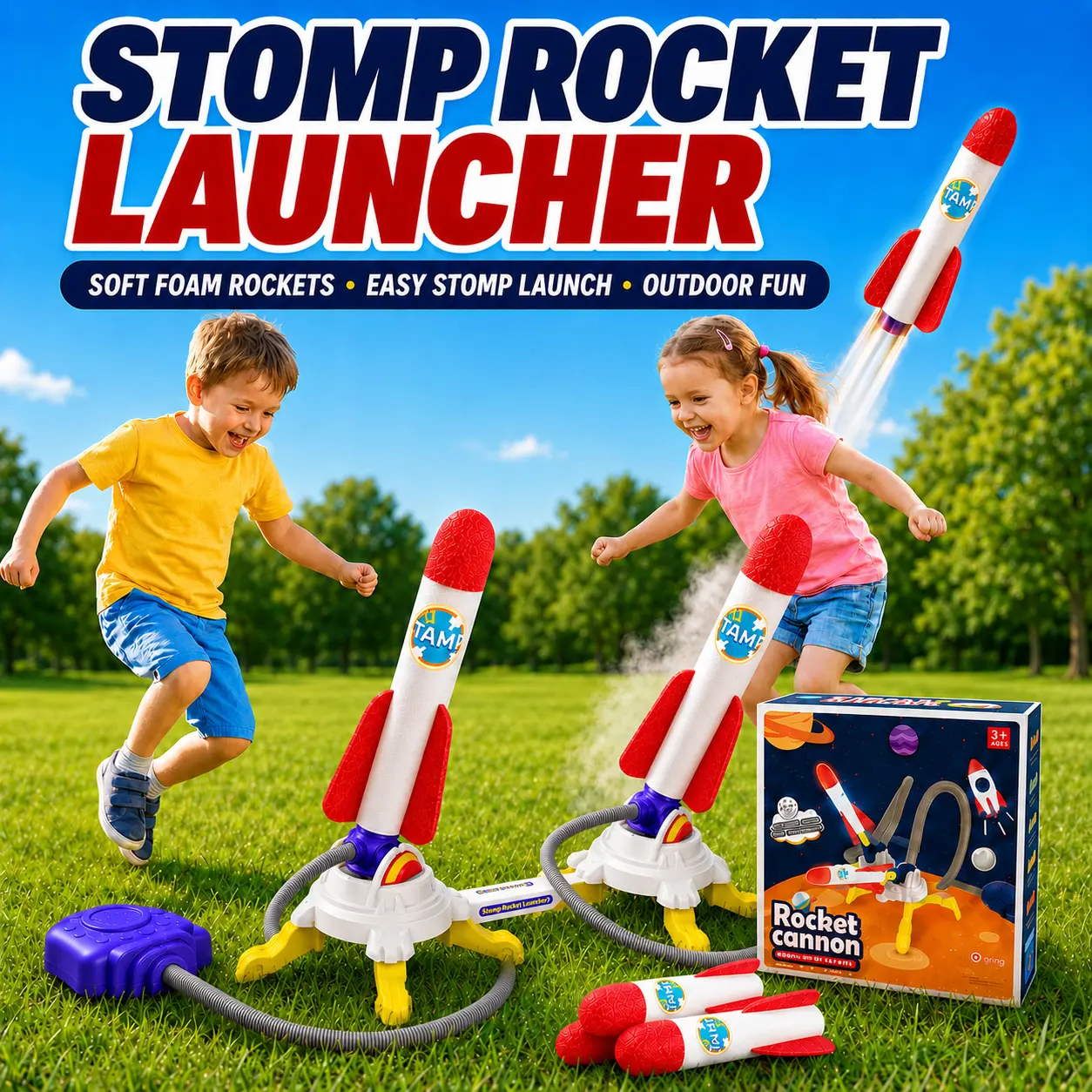 Kids’Stomp Rocket Launcher Set - Light-Up Foam Projectiles, Single/Double Launcher Options, 3/6 Pieces for Backyard Play & 2-Player Races