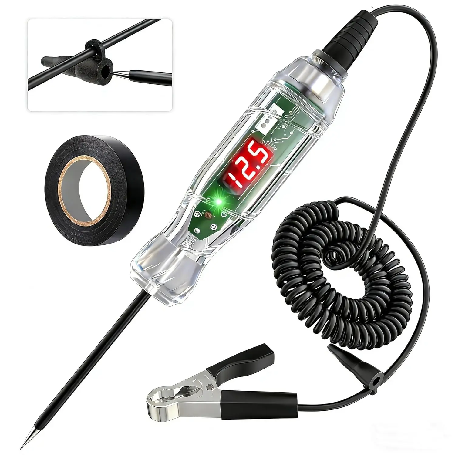 VDIAGTOOL P60 Car Circuit & Car Battery Tester, 3-70V DC Digital Readout LED Voltmeter, Dual Polarity Indicator, Stainless Probe, 118" Spring Cable for Relay Fuse Voltage Checks, Father's Day Gift