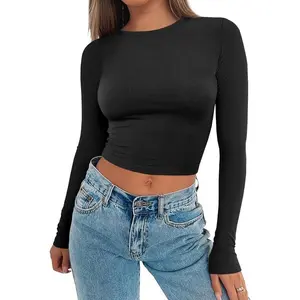Women Crop Tops Long Sleeve Ribbed Slim Fit Workout Cropped Tee Y2K Short T-Shirts