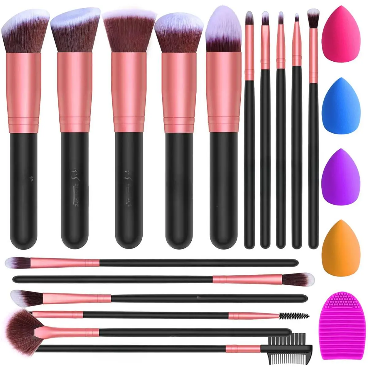 16Pcs Makeup Brushes Set, 4Pcs Beauty Blender Sponge Set and 1 Brush Cleaner, Premium Synthetic Foundation Brushes Blending Face Powder Eye Shadows Make Up Brushes Kit, Rose Gold