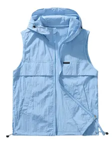 Men's Lightweight Breathable Hooded Vest Gilet Summer Cool Outdoor Casual Sleeveless Jacket, Loose-Fitting Drawstring Design, Plain Pattern
