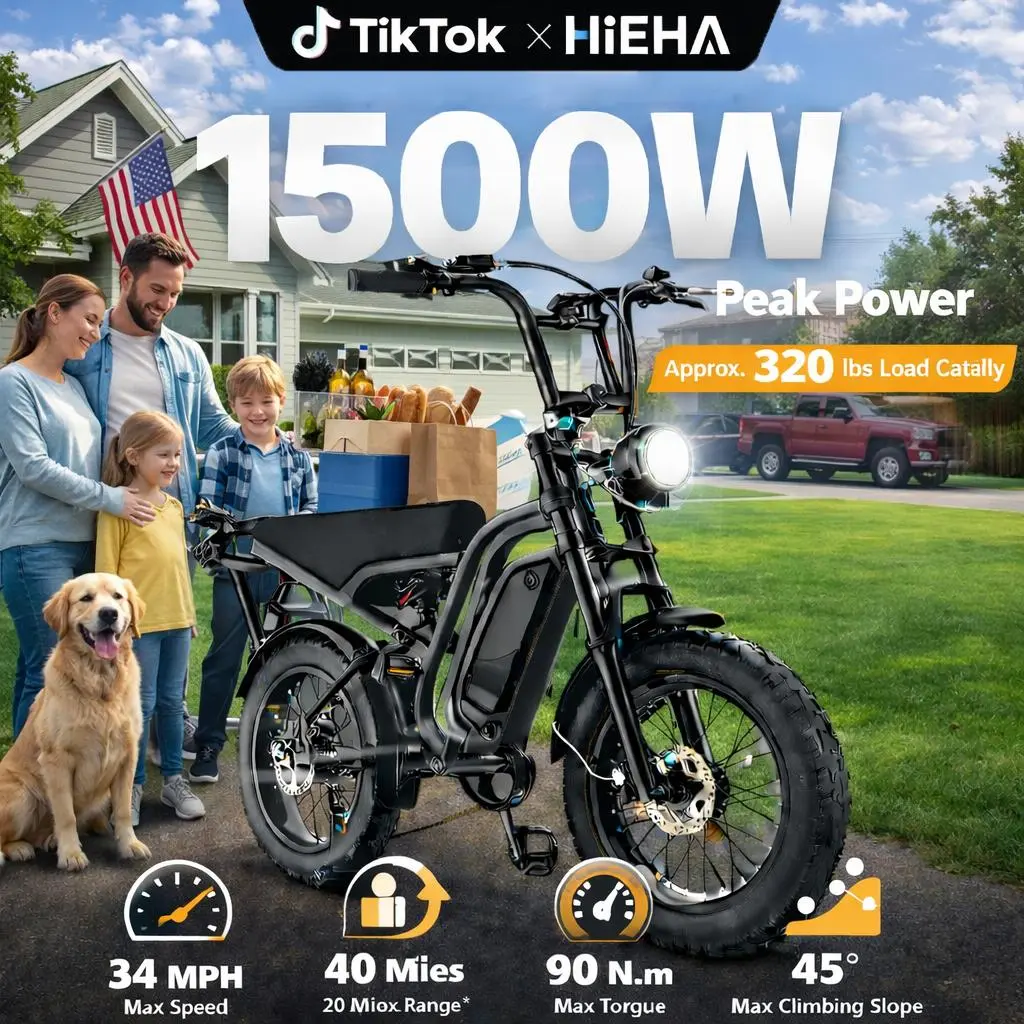 Hieha Adult Off-Road Fat Tire Full Suspension MTB - Moped-Style, 1500W Peak Power, 34MPH Max Speed, 48V 15.6Ah Removable Fast-Charging Battery, Lights, 12-Month Support, 60.33"(L)×42.89"(H)×31.4"(W), 80lb, for Off-Roading/Trail Riding/All-Season Use, Unis