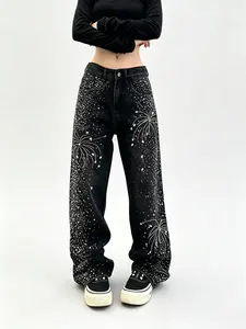 Lux Lee Firework Rhinestone Baggy Wide-Leg Jeans - Black Vintage Wash, Heat-Fused Sparkling Crystals, High-Waist Tummy Control, Sweet-Cool Street Style, Retro Streetwear, Durable Design