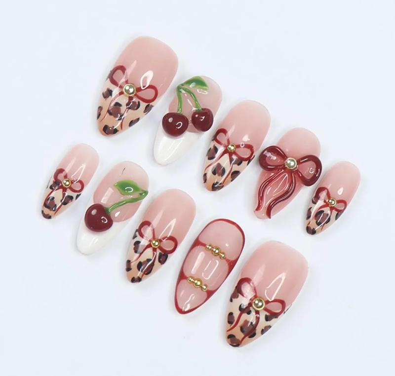 Press On Nails Wild Cherry Leopard | 3D Bow & Cherry Accents in Medium Almond | Handmade Bold Nail Art Damontaerichmond